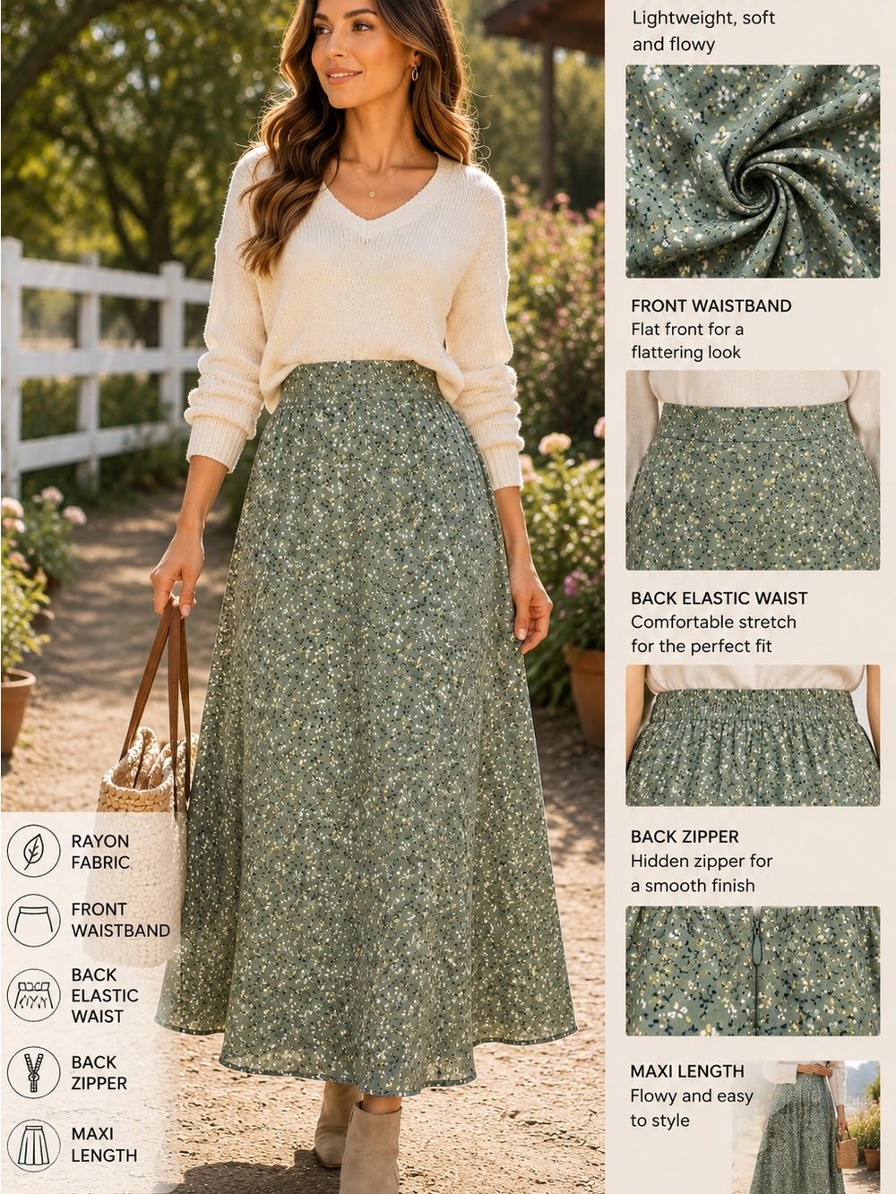 Vintage Studio Green Ditsy Floral A-Line Máxi  Skirt Size L